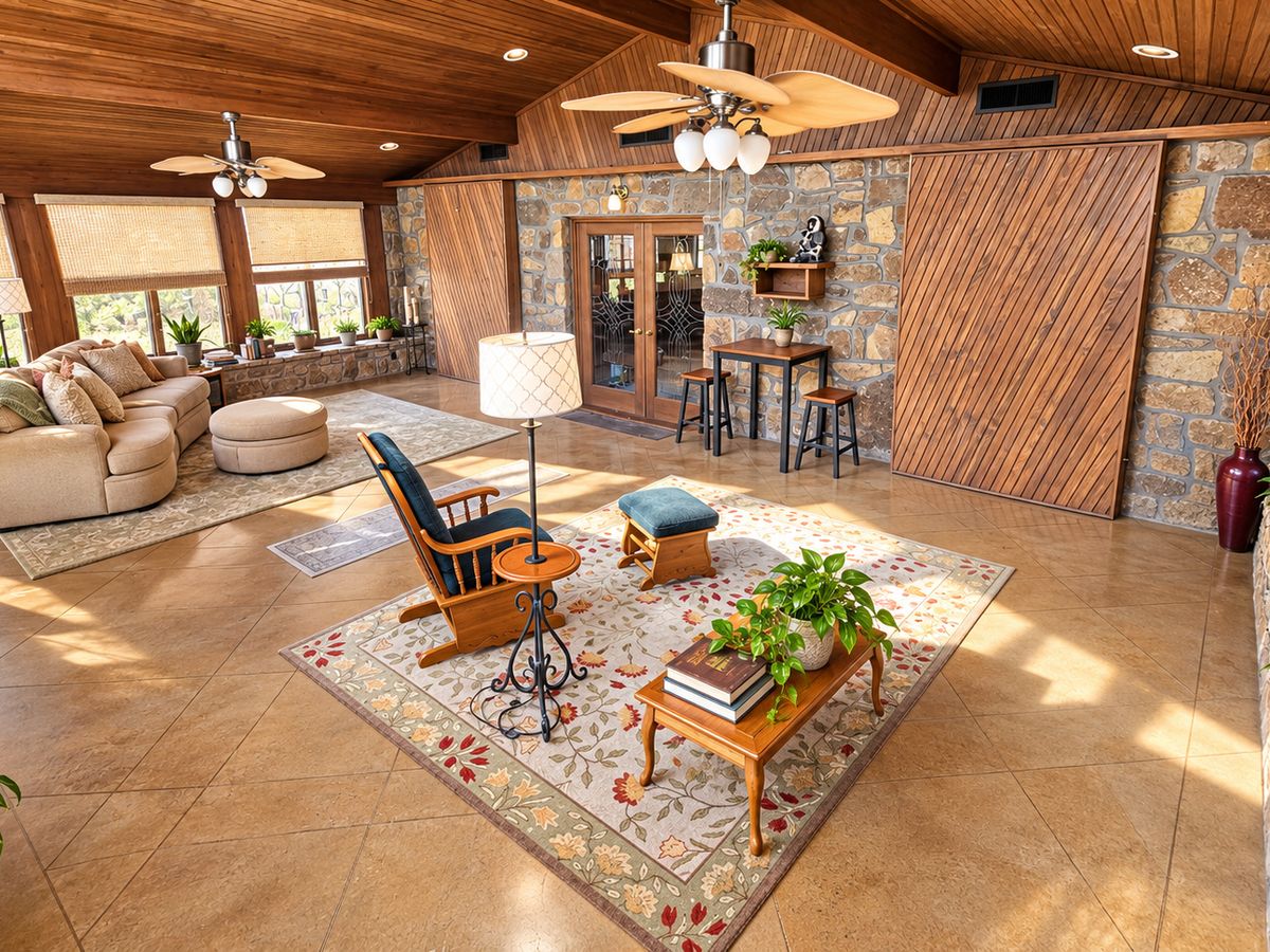 The 660 square foot sunroom across its full width: vaulted tongue-and-groove ceiling, stone walls, tile floor, leaded glass doors to the main house and windows on three sides